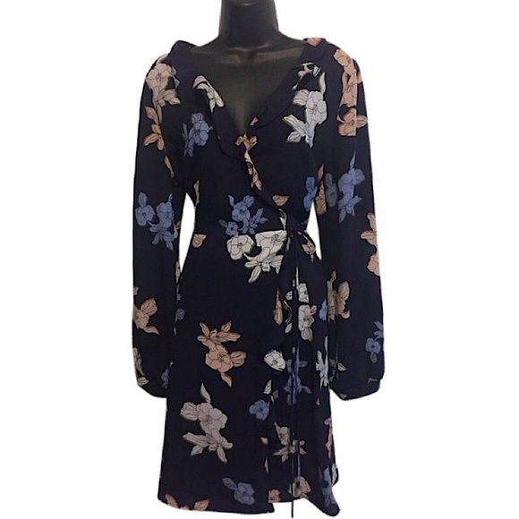 Astr Navy Blue Floral Wrap Dress